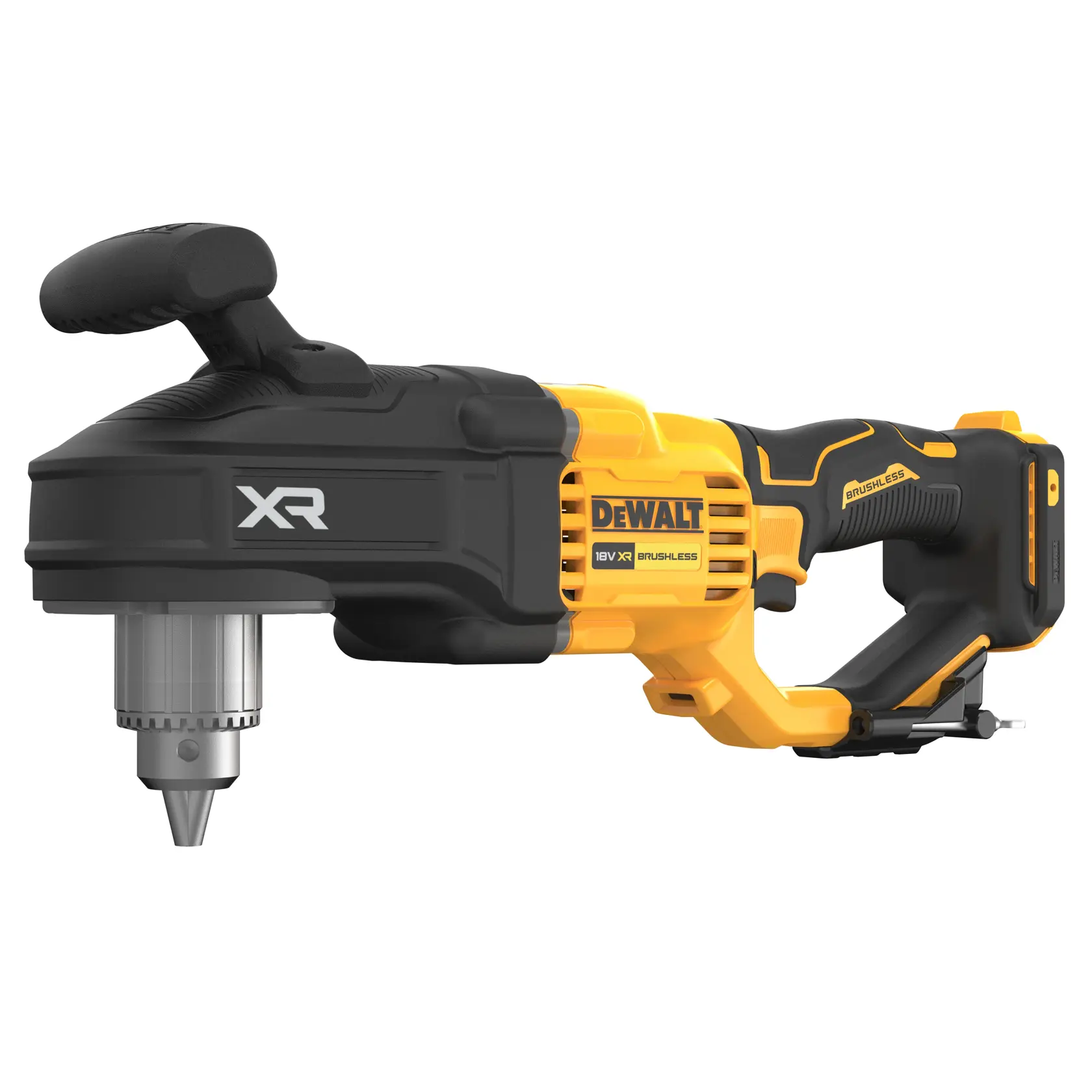 A DEWALT DCD444N 18V XR brushless cordless angle drill, shown in yellow and black color with a side handle and keyless chuck.