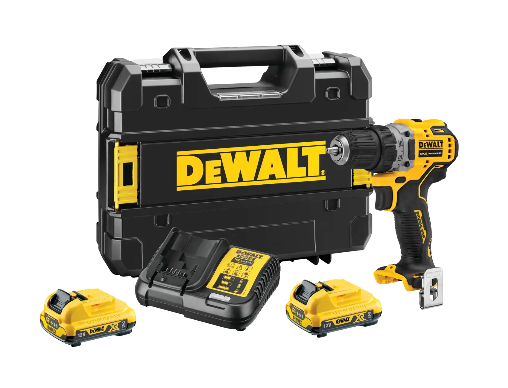 DEWALT Akku-Bohrerset mit einer schwarz-gelben Bohrmaschine, zwei wiederaufladbaren Batterien, einem Ladegerät und einem robusten schwarzen Transportkoffer mit DEWALT-Logo.