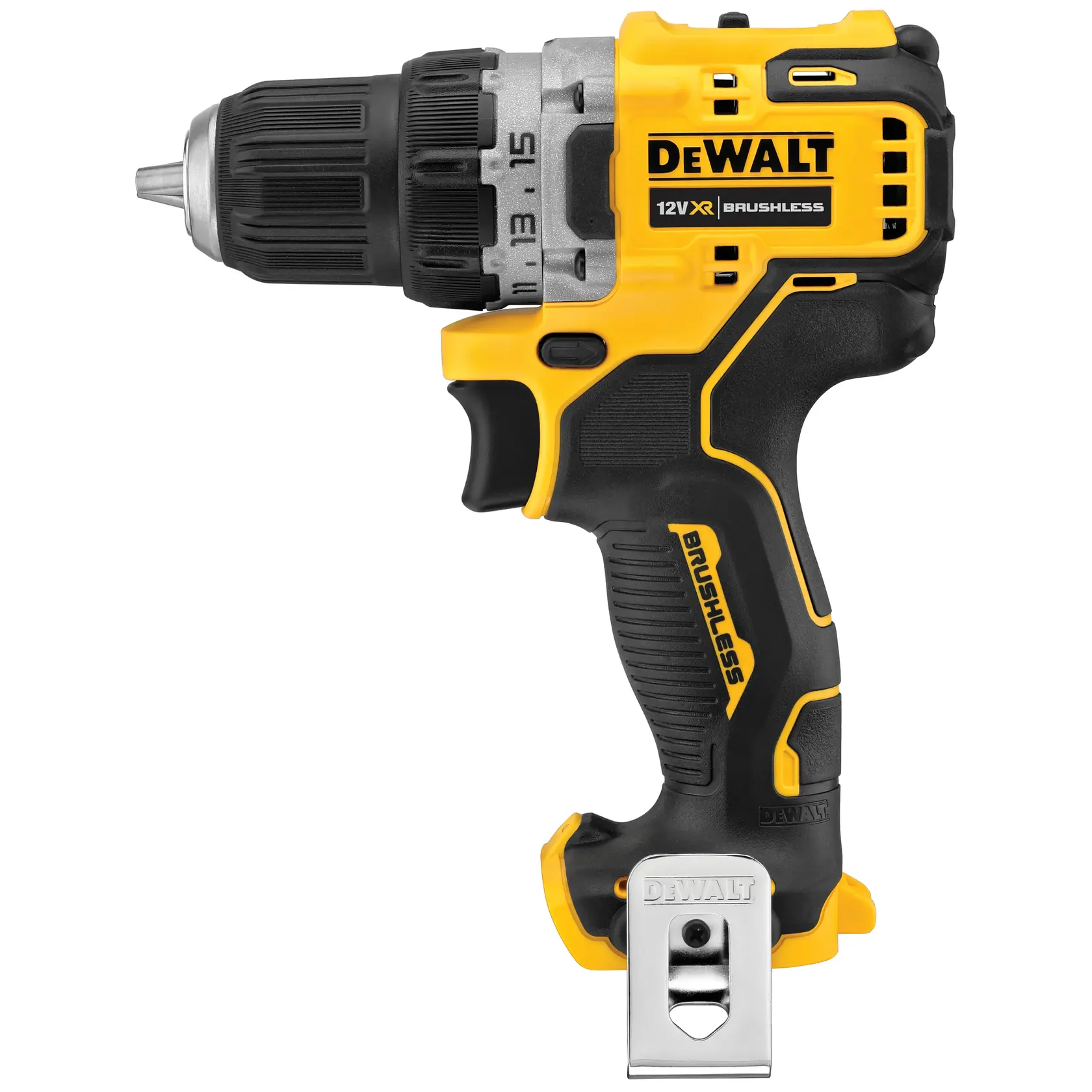 DEWALT cordless drill brushless DCD701N-XJ, DCD701N, yellow-black, side angle, white background.