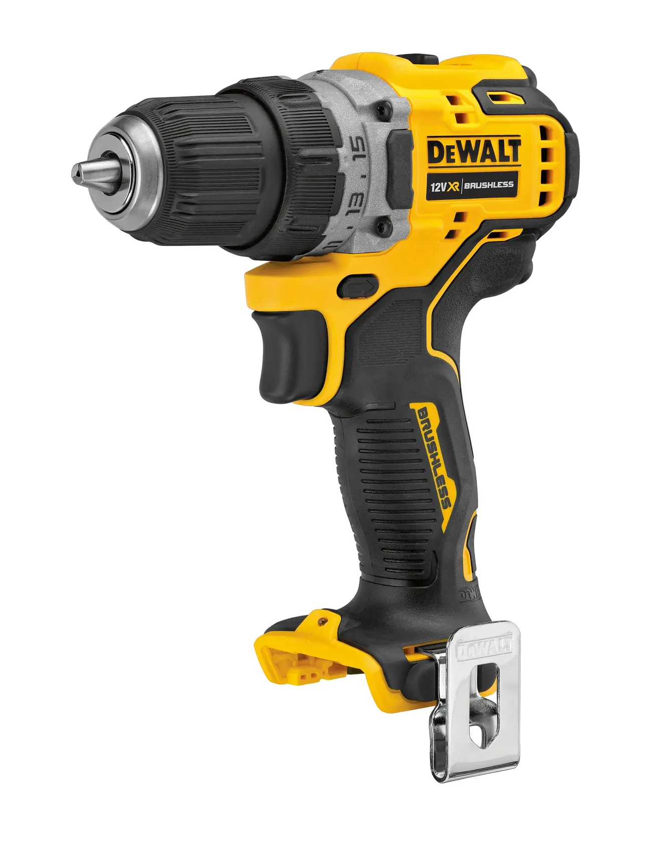 Photo of DEWALT cordless drill, SKUs DCD701N-XJ and DCD701N, yellow and black, side angle, Photography category.