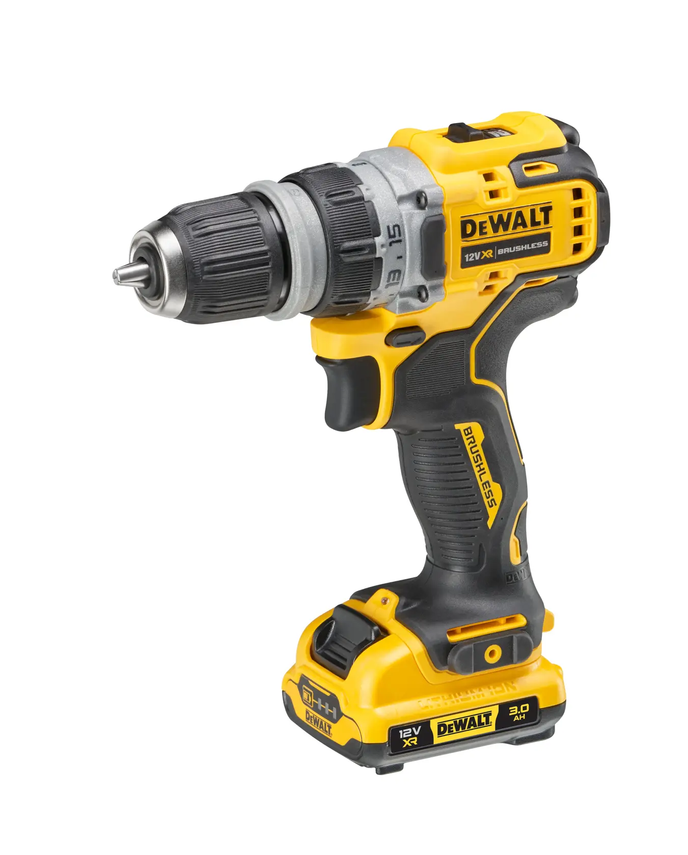 Kabellose DEWALT-Bohrmaschine mit bürstenlosem Motor, gelb-schwarz, 12V-Akku, auf weißem Hintergrund.