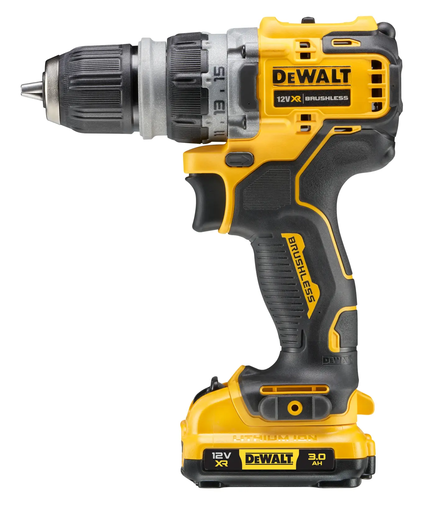 DEWALT 12V XR bürstenlose Akku-Bohrmaschine in Schwarz-Gelb, von links angezeigt.