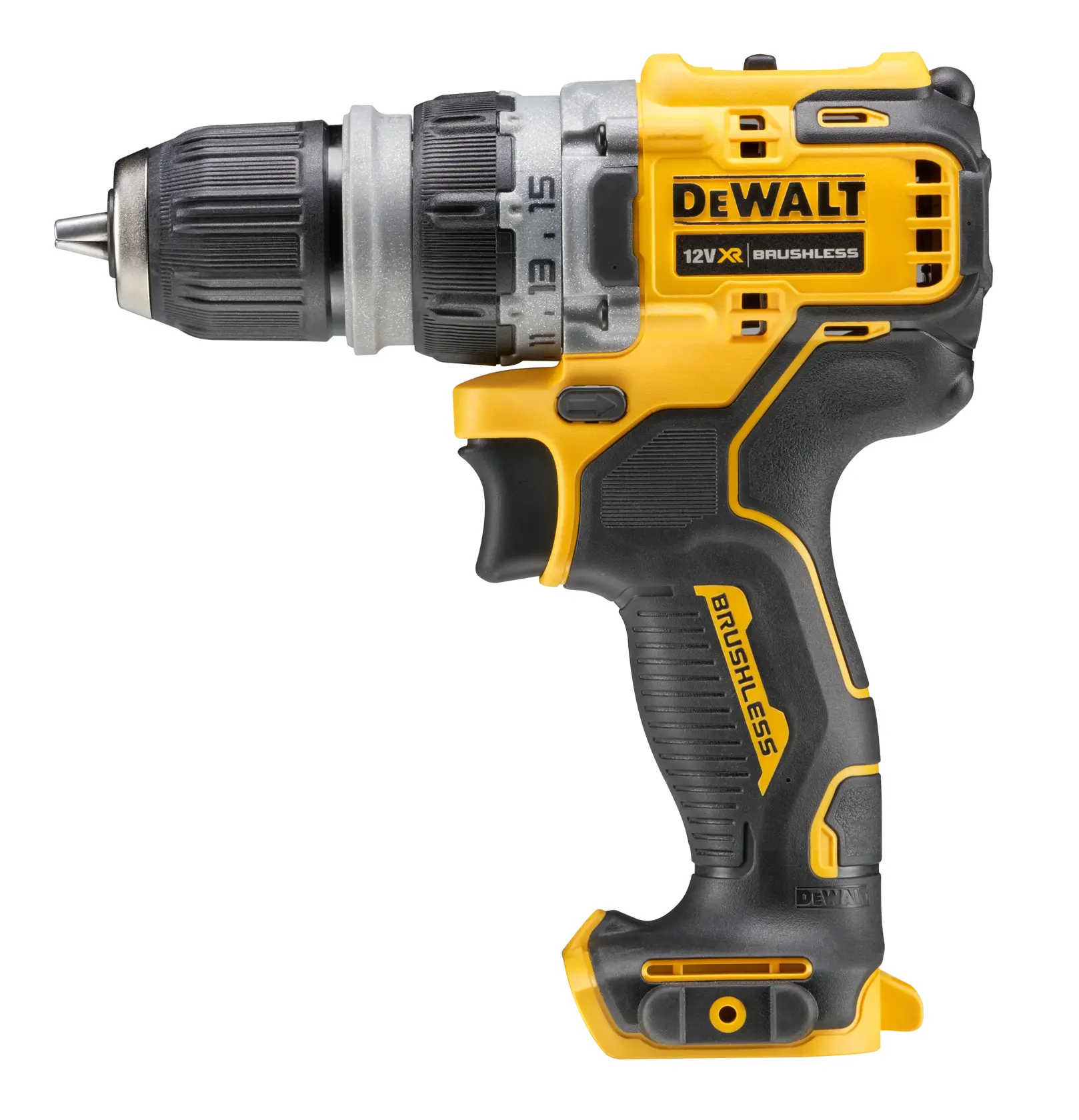 DEWALT 12V XR Akku-Bohrmaschine, schwarz-gelb, mit ergonomischem Griff und verstellbarem Bohrfutter.