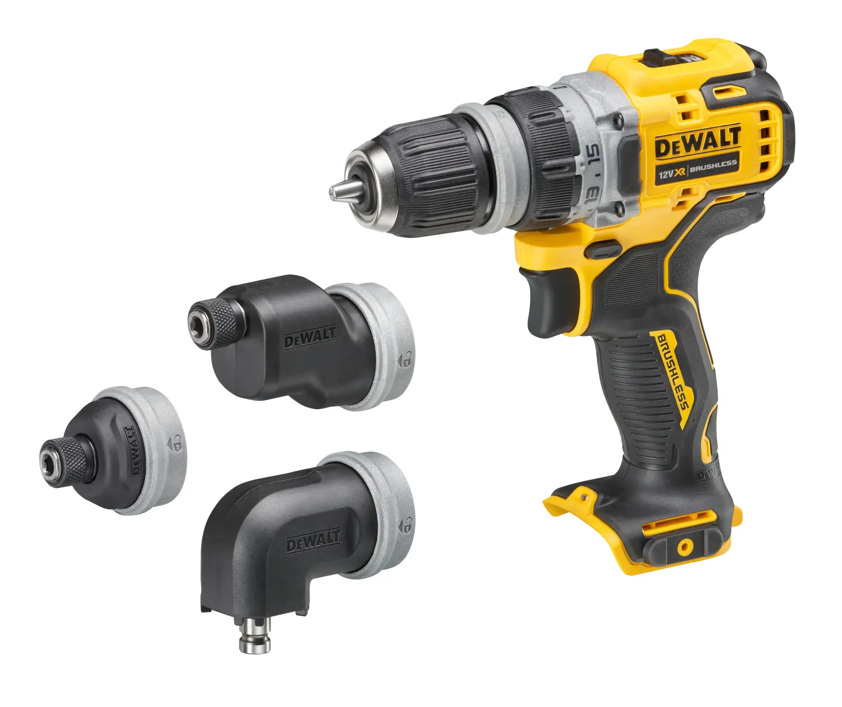 DEWALT Akkubohrer mit drei austauschbaren Aufsätzen nebeneinander auf weißem Hintergrund.