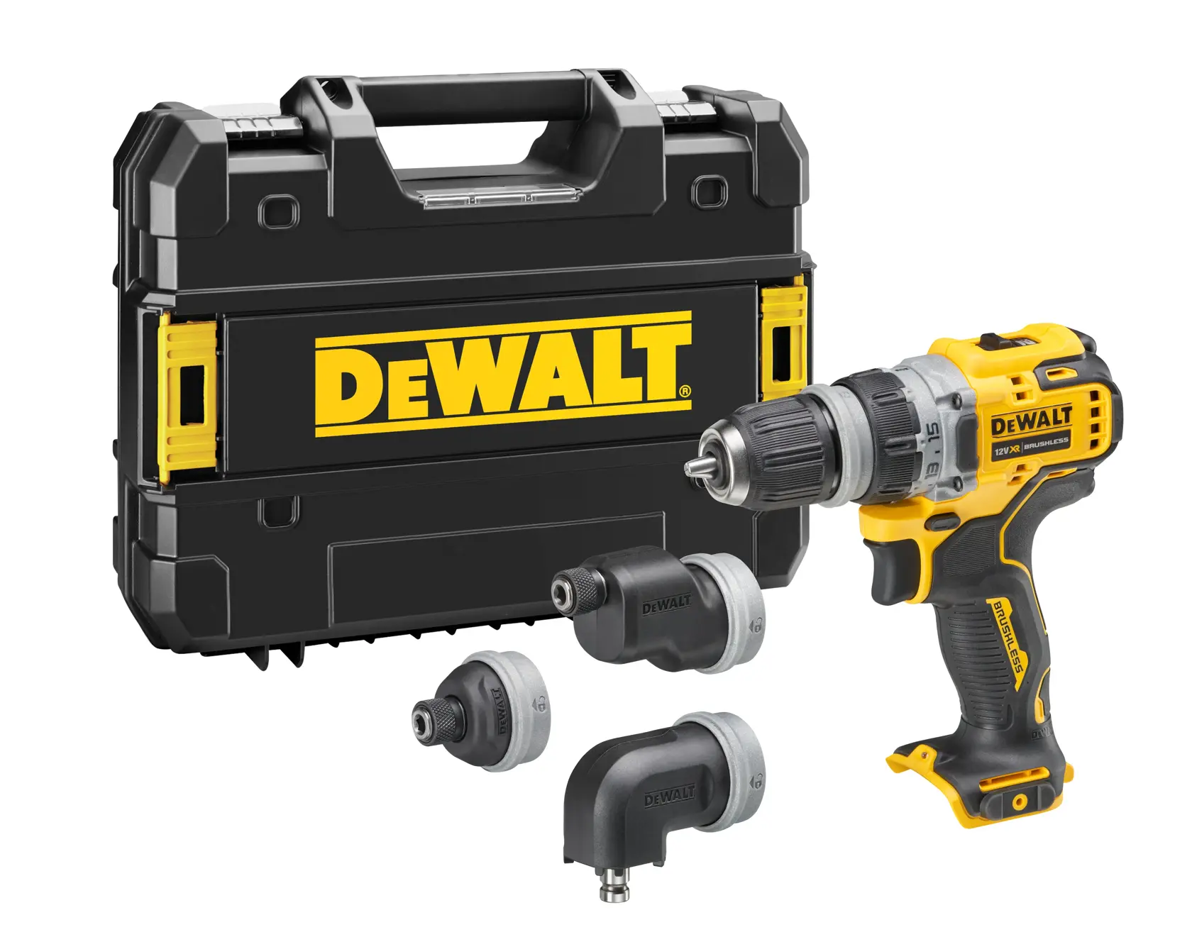 Ein DEWALT Akku-Bohrerset mit einer gelb-schwarzen Bohrmaschine, drei austauschbaren Bohraufsätzen und einem schwarzen Transportkoffer mit DEWALT-Logo.