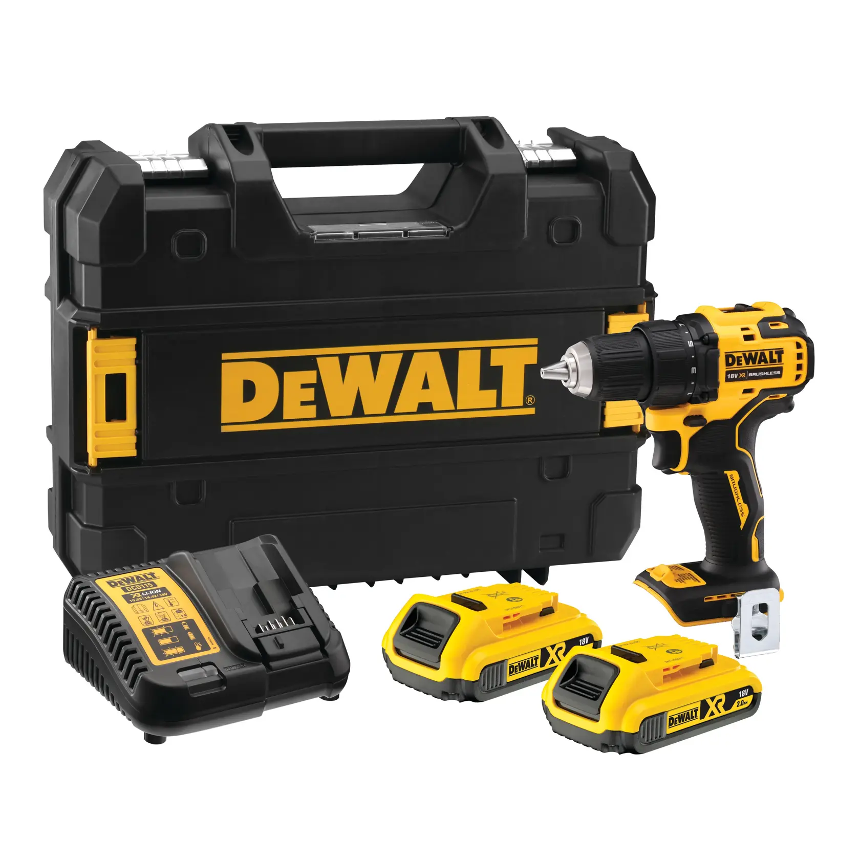 DEWALT cordless drill set including a compact drill, two rechargeable batteries, a battery charger, and a black and yellow carrying case with the DEWALT logo.