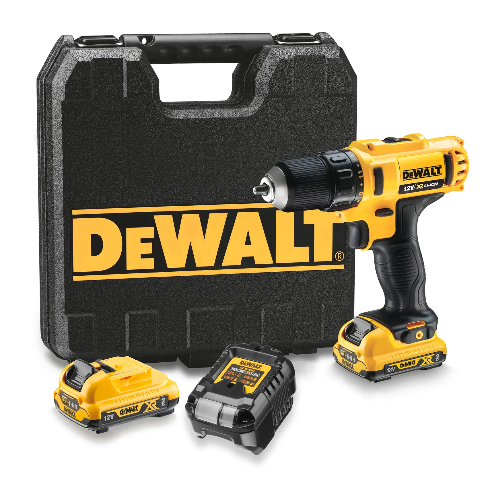 A DEWALT 12V XR Li-Ion cordless drill set including a yellow and black drill, two battery packs, a charger, and a hard carrying case with the DEWALT logo.