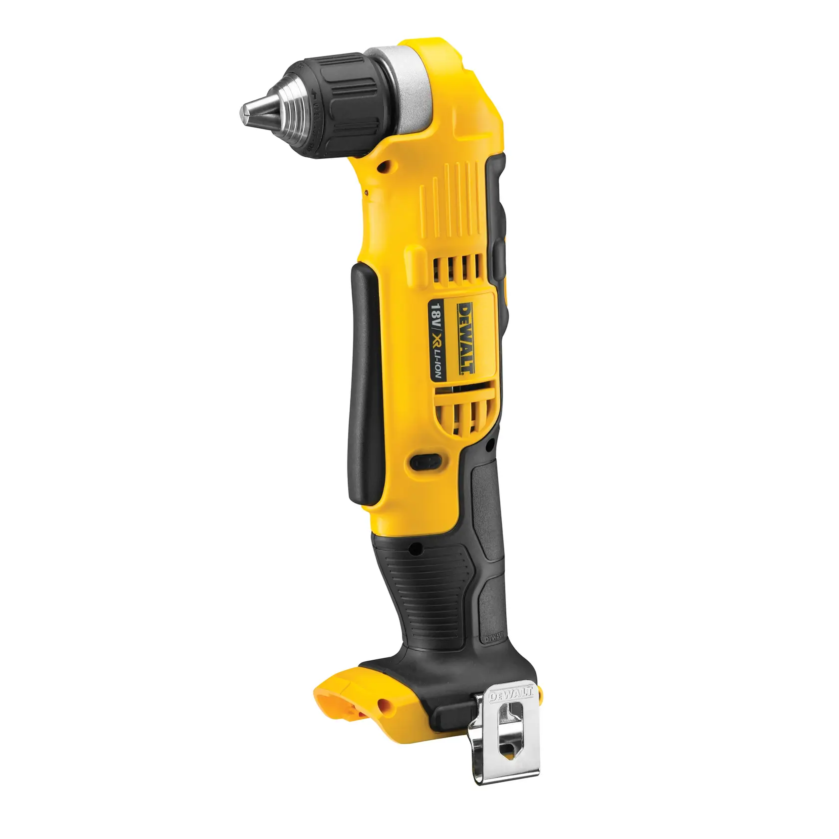 Photo of DEWALT DCD740N yellow and black right angle drill, cordless, side view on white background.