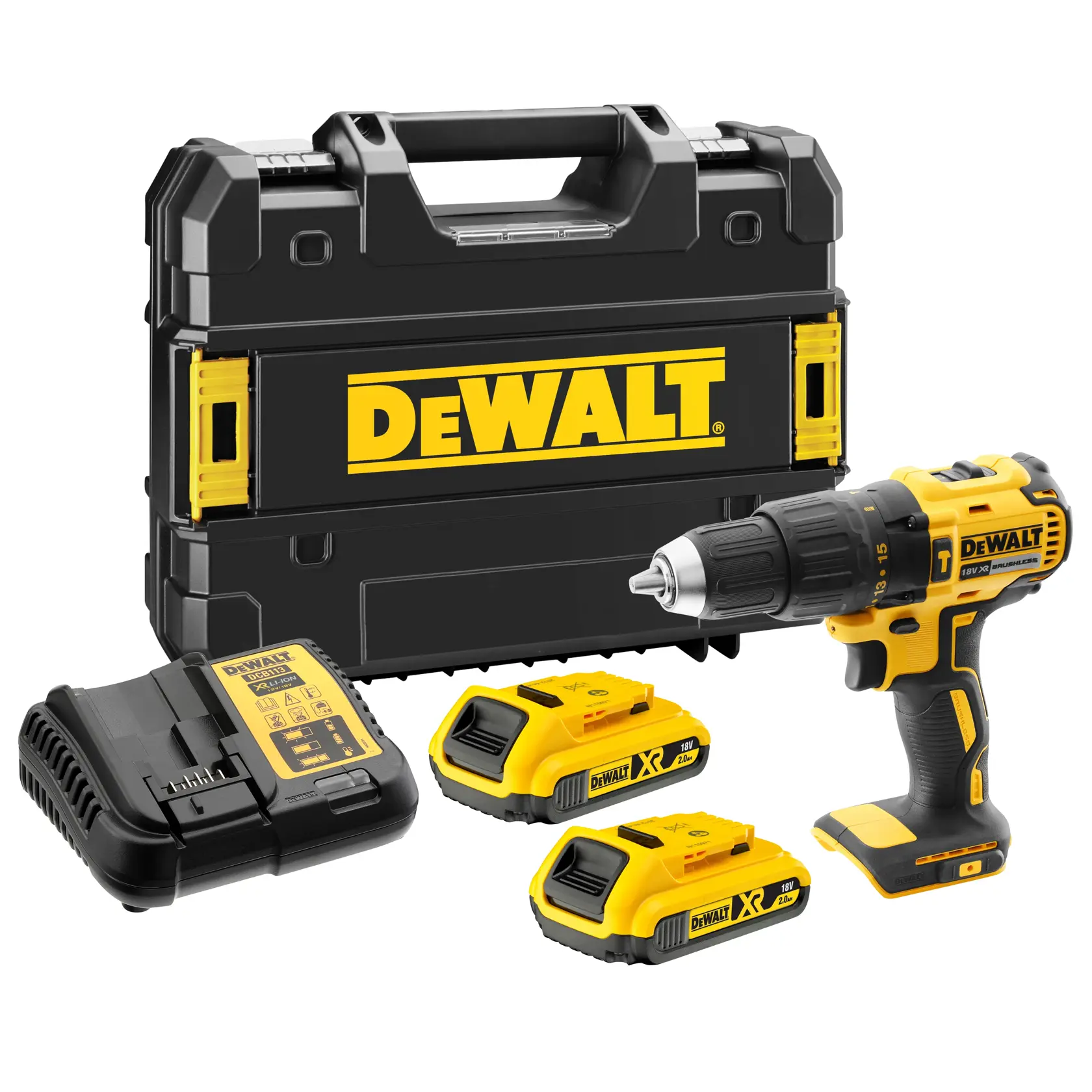 DEWALT cordless drill kit with two batteries, charger, and carry case displayed together.
