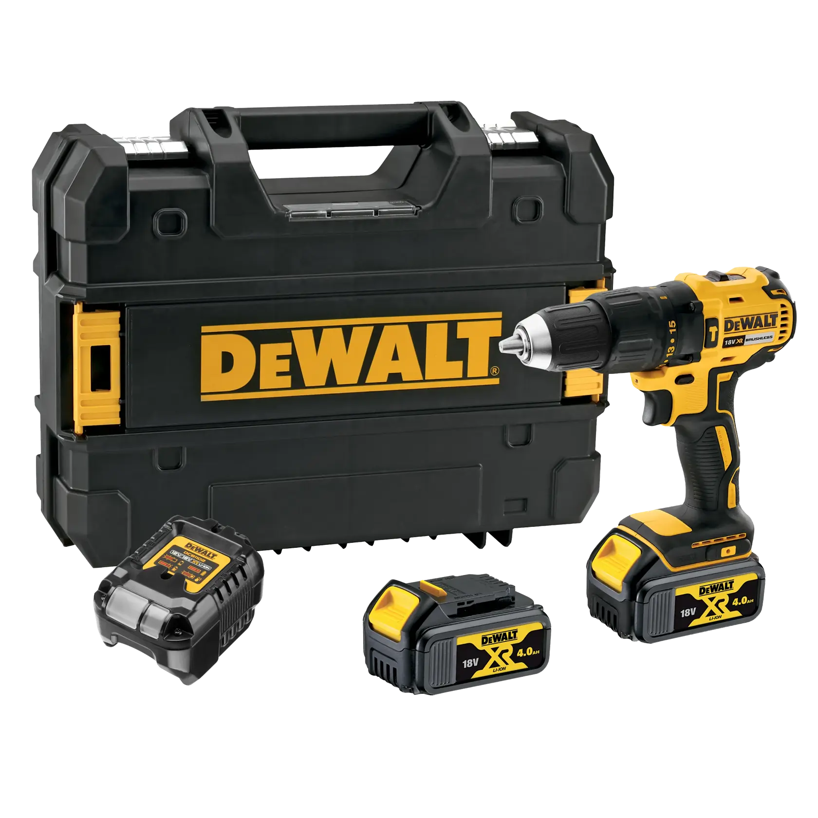 DEWALT cordless drill kit with case, charger, and two 18V batteries.