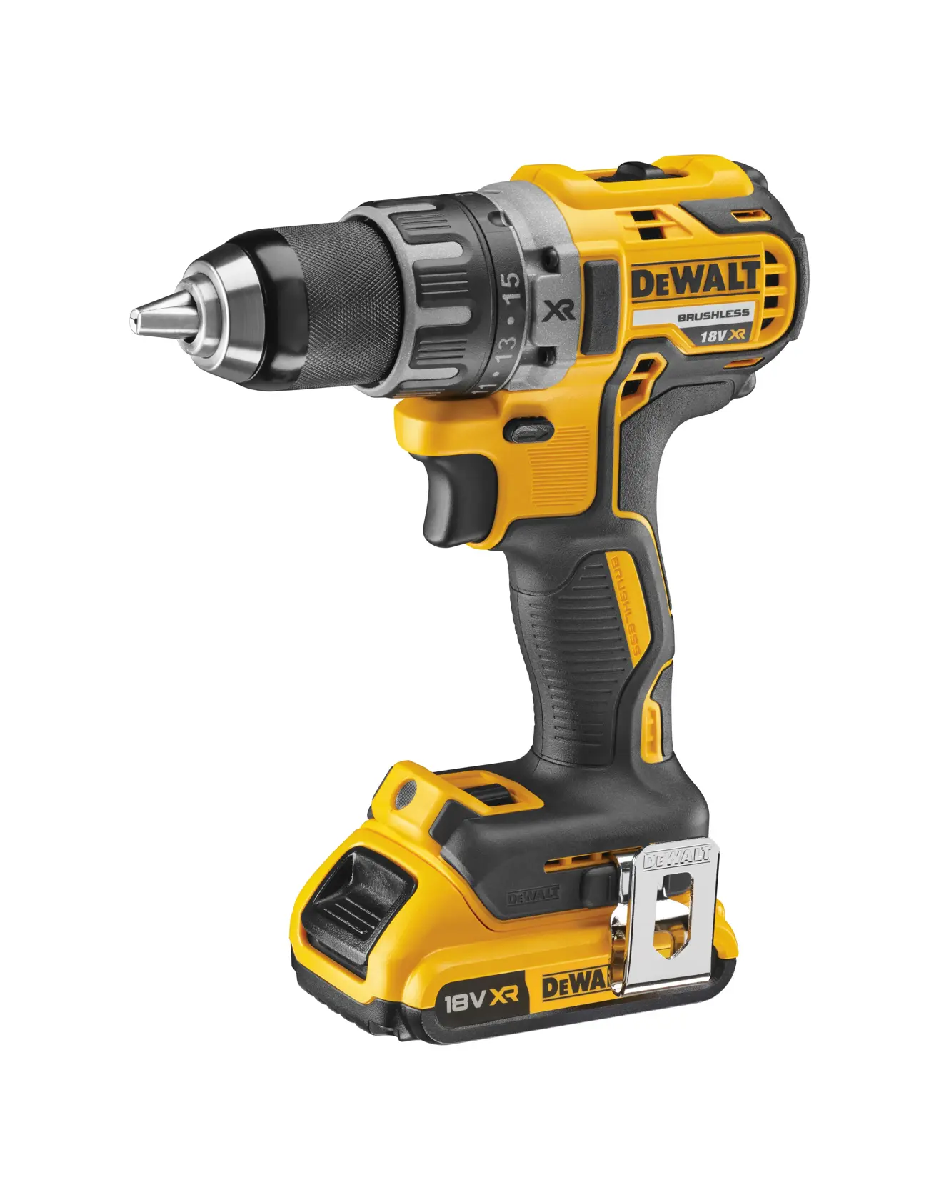 DEWALT 18V XR cordless drill with brushless motor, shown in yellow and black, standing upright on a white background.