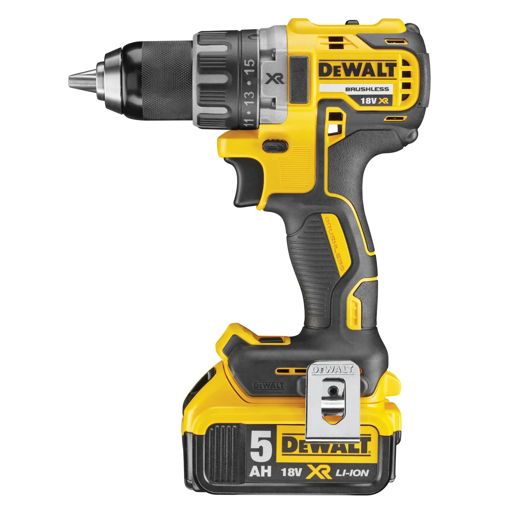Photo of DEWALT cordless drill DCD791P2, 18V XR, yellow-black, side angle, with 5Ah Li-Ion battery.