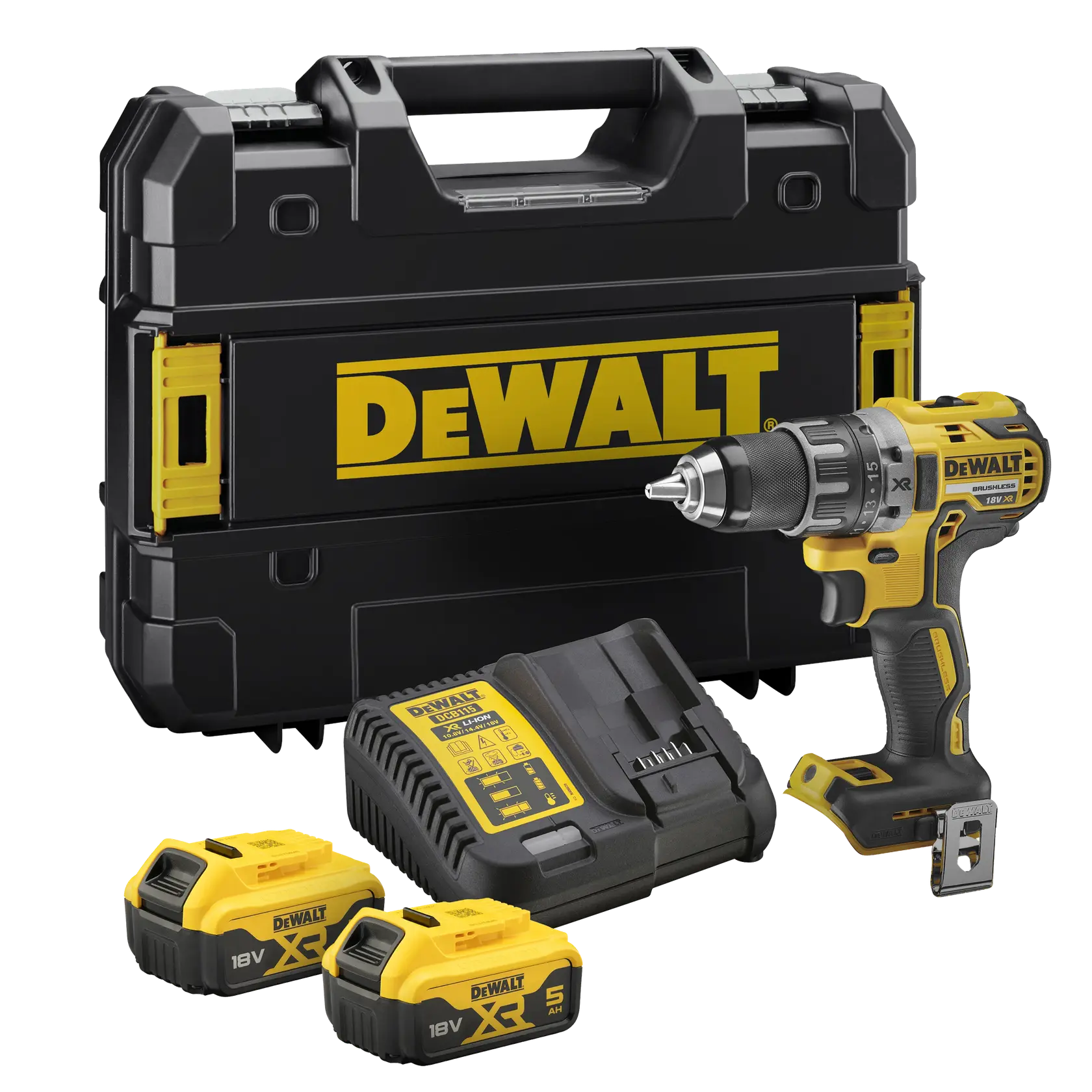 DEWALT cordless drill kit with case, charger, and two 18V batteries displayed.
