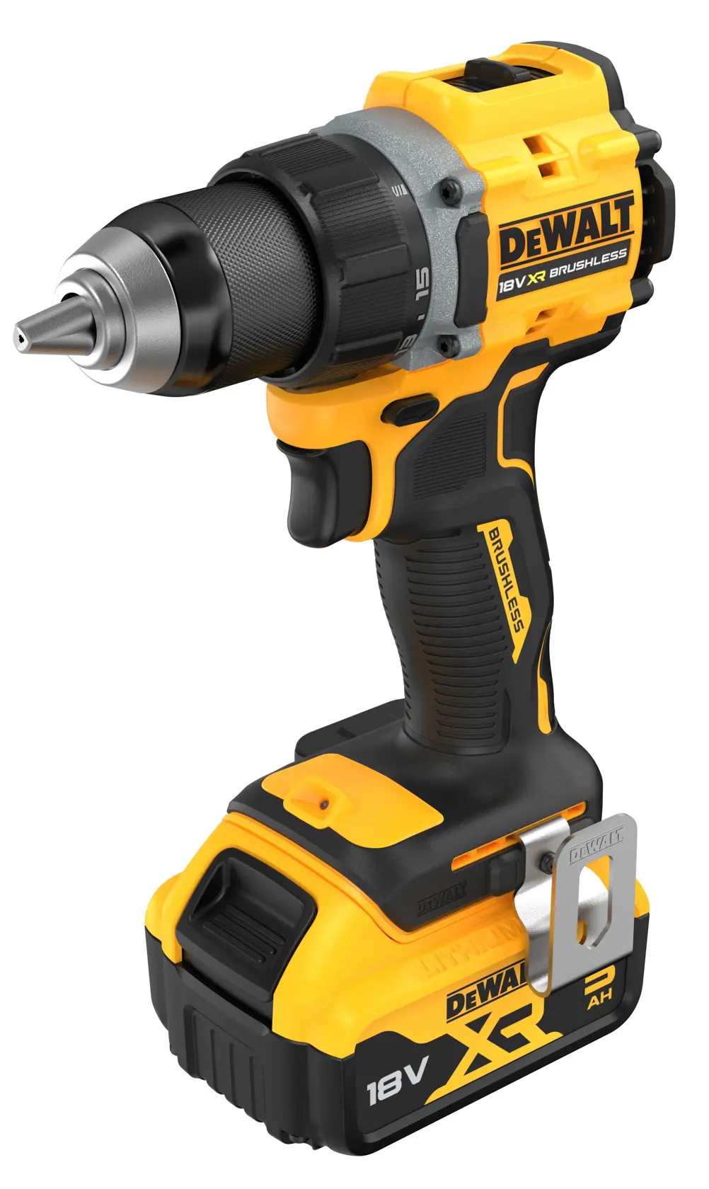 Taladro inalámbrico DEWALT, producto fotográfico, SKUs DCD794P2T y DCD794P2T-QW, 18V XR, amarillo/negro.