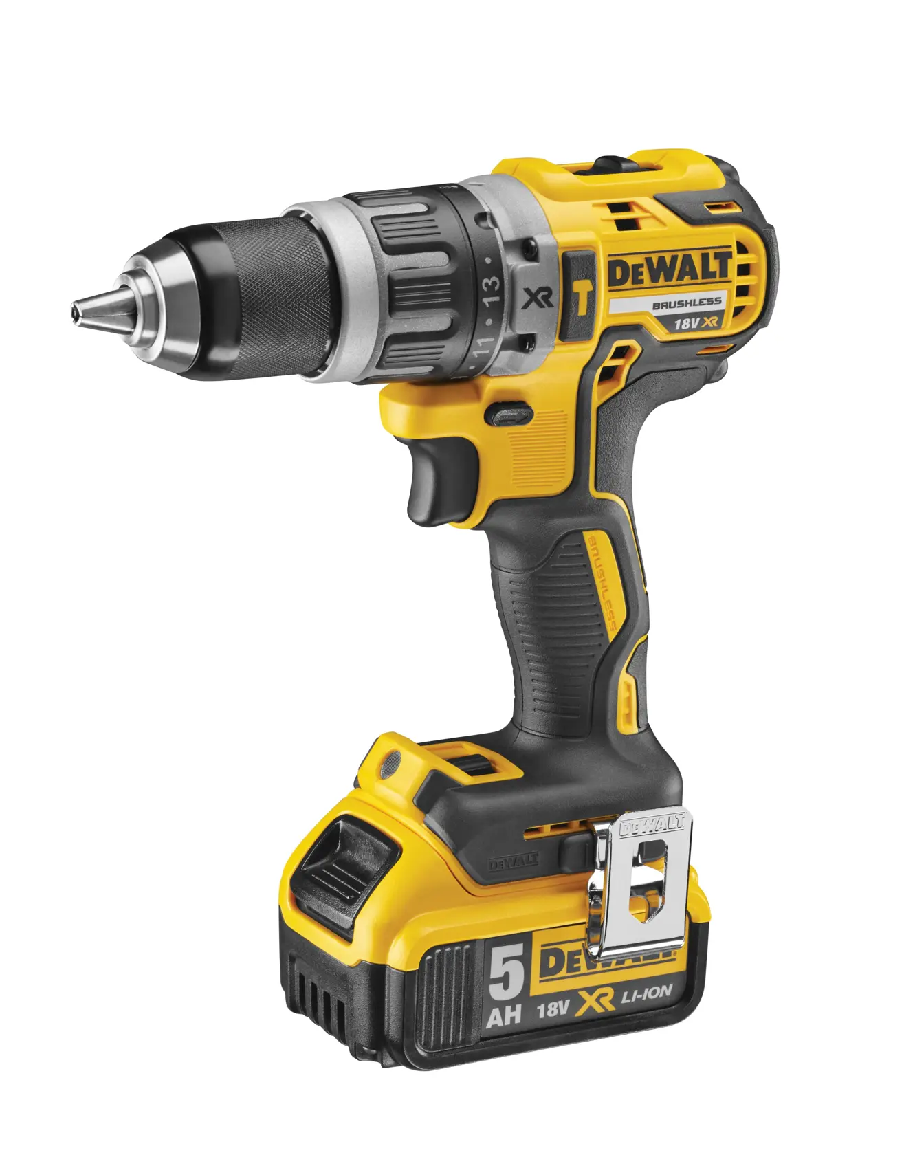 Yellow DEWALT cordless drill, model DCD796P2, with 18V XR battery, shown on a white background.