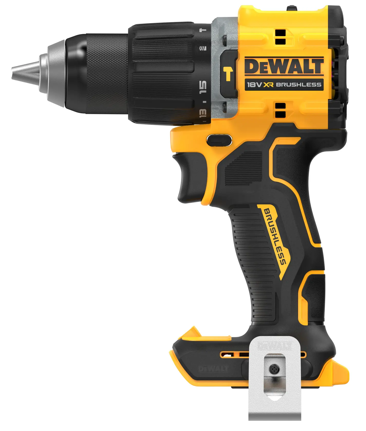 Taladro inalámbrico DEWALT 18V XR brushless, amarillo y negro, vista lateral, sin batería.