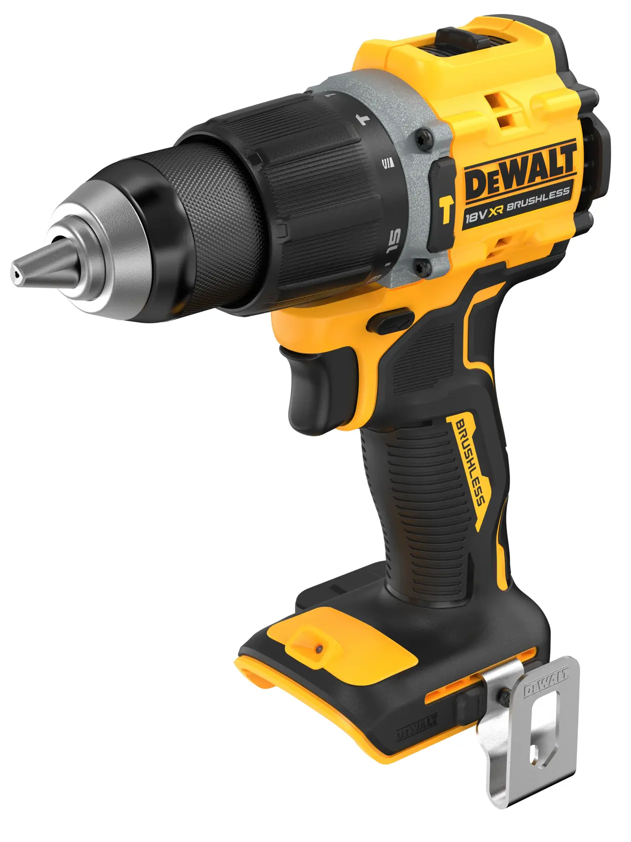 Taladro atornillador DEWALT sin cable, brushless, 18V XR, amarillo y negro, sin batería.