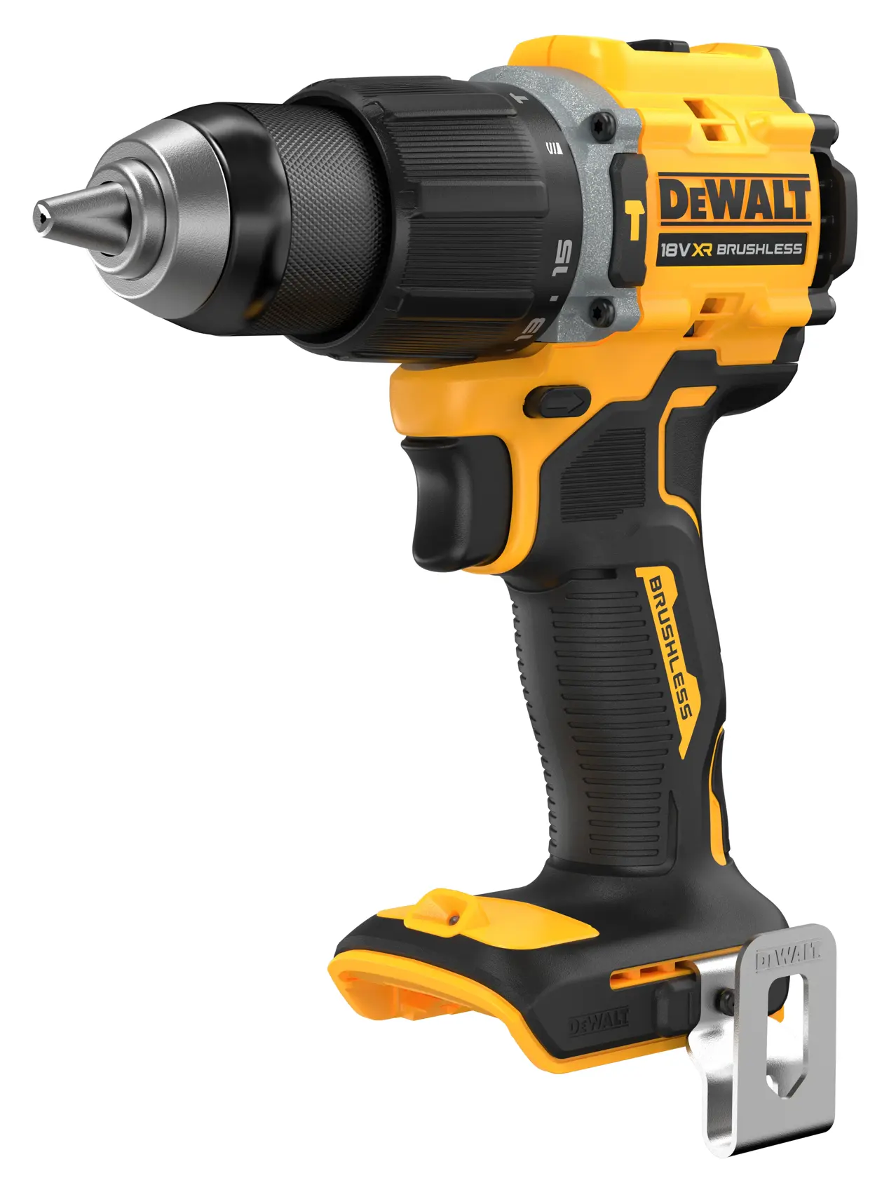 DEWALT DCD799N cordless drill with brushless motor, yellow and black design, shown without battery.