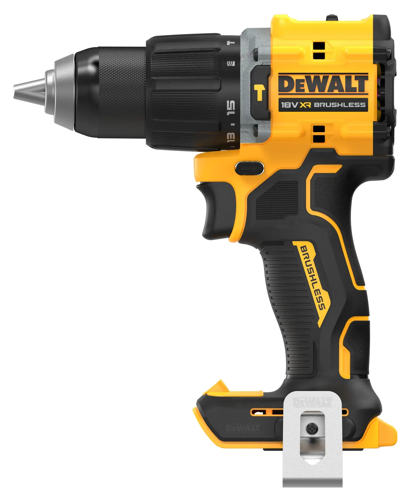 Cordless DEWALT 18V XR brushless drill with black and yellow body, side clip visible.