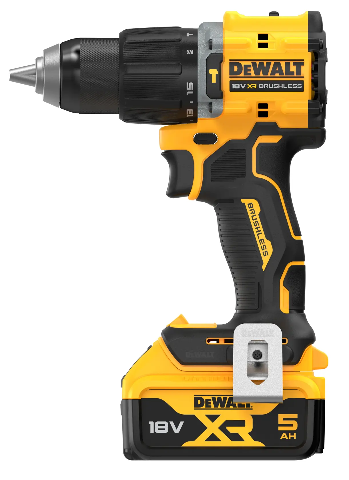 Taladro inalámbrico DEWALT 18V XR brushless con batería 5Ah, diseño amarillo y negro, vista lateral.