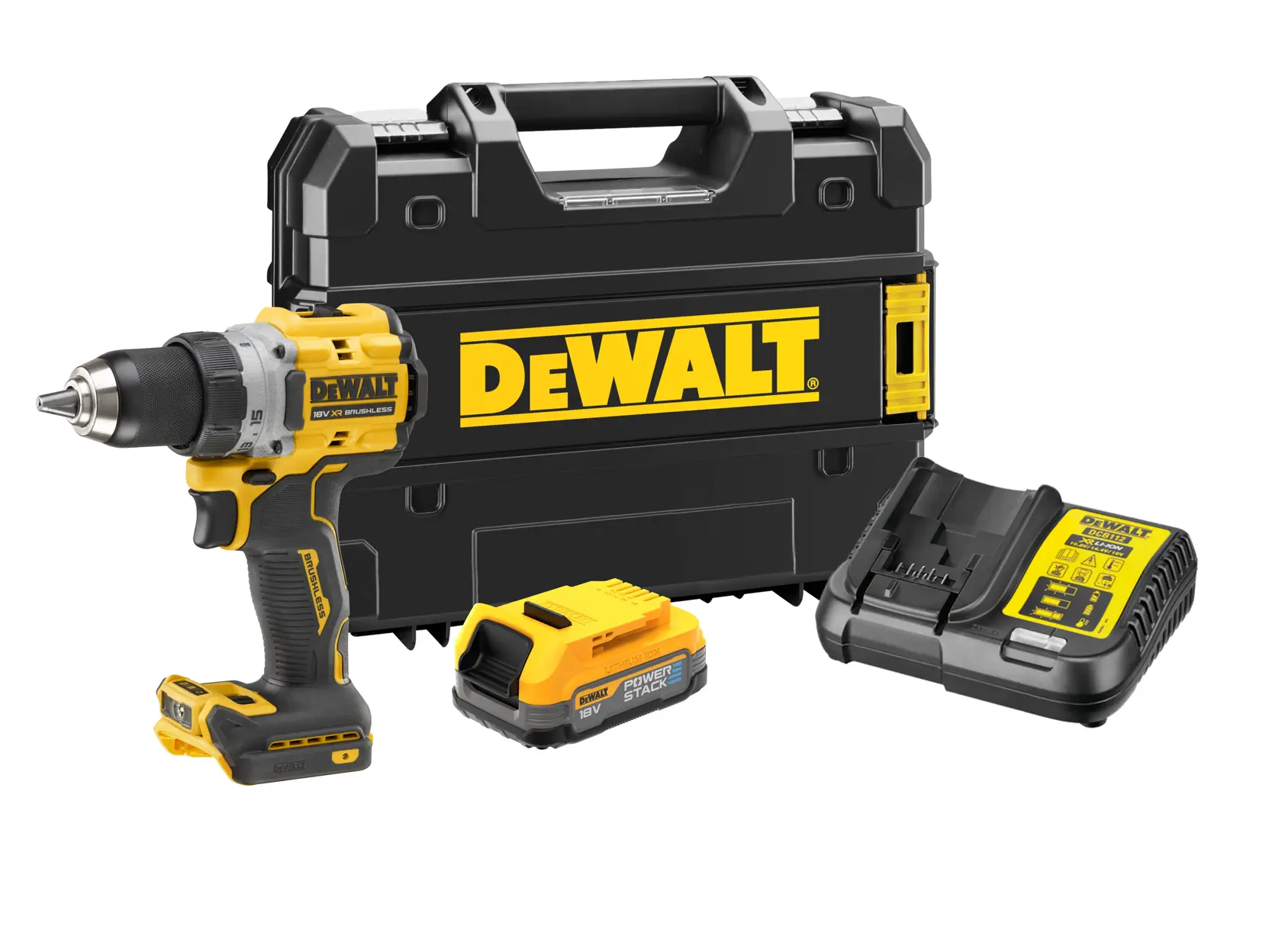 DEWALT cordless drill set with hard case, battery, and charger in black and yellow.