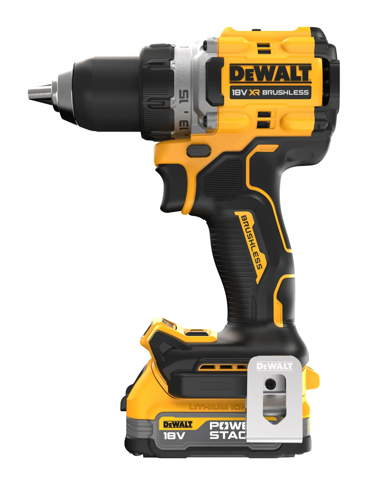 Taladro inalámbrico DEWALT 18V XR brushless con batería POWERSTACK, vista lateral.