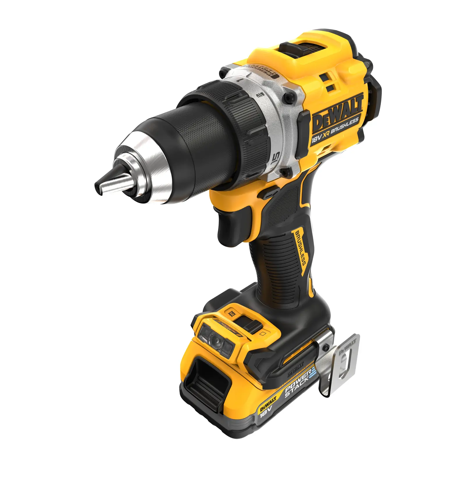 Taladro atornillador inalámbrico DEWALT, motor brushless, amarillo y negro, sobre fondo blanco.