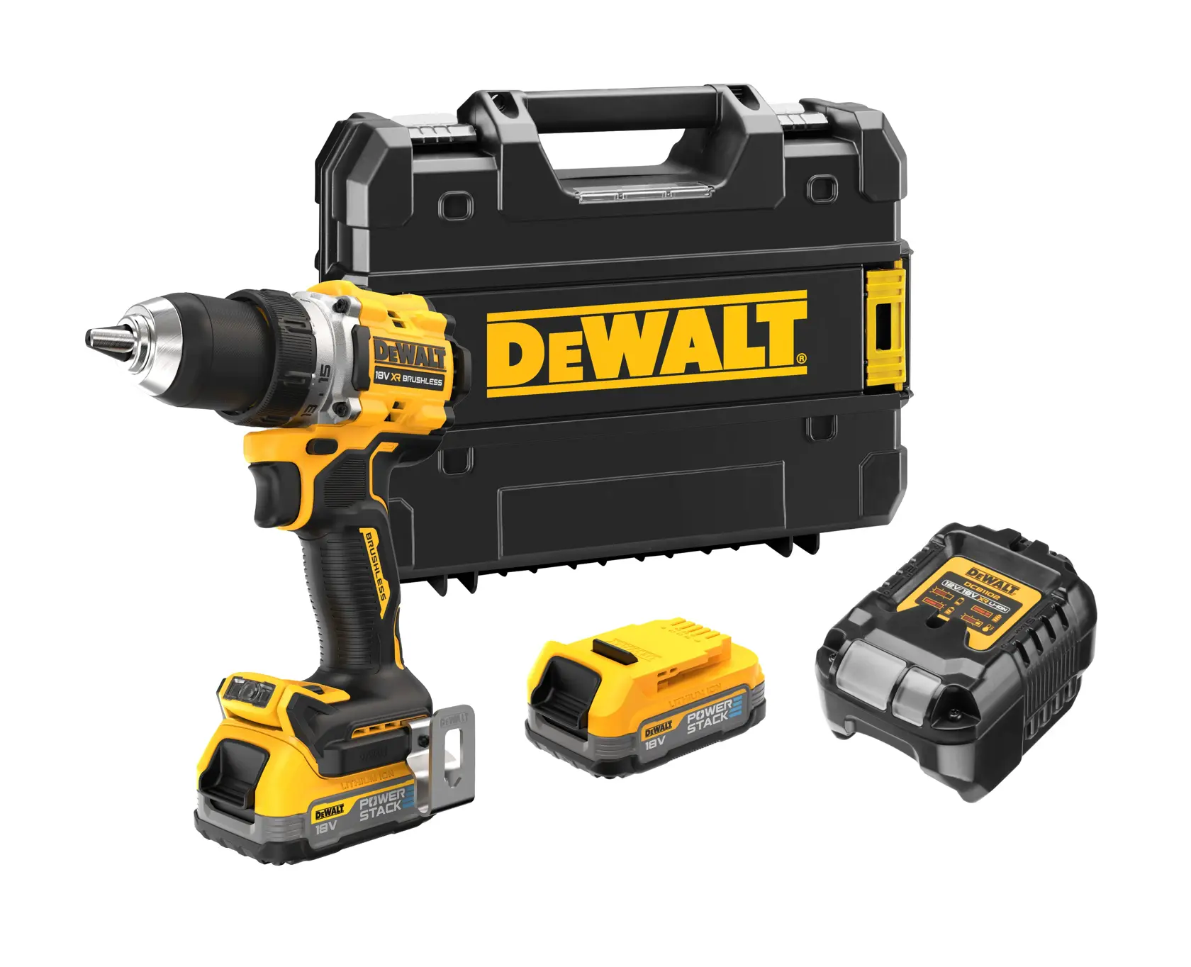 Set de taladro inalámbrico DEWALT con estuche, dos baterías y cargador sobre fondo blanco.