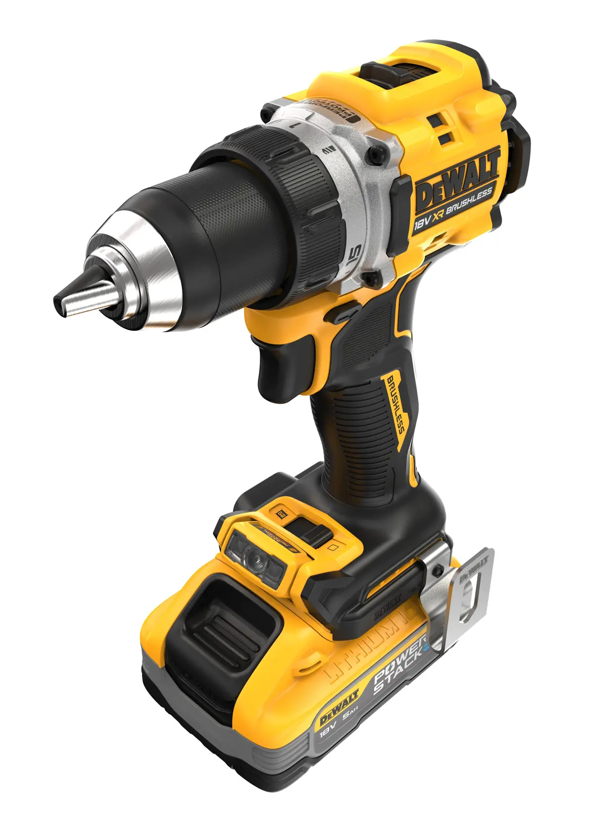 Taladro inalámbrico DEWALT con batería, amarillo y negro, sobre fondo blanco.