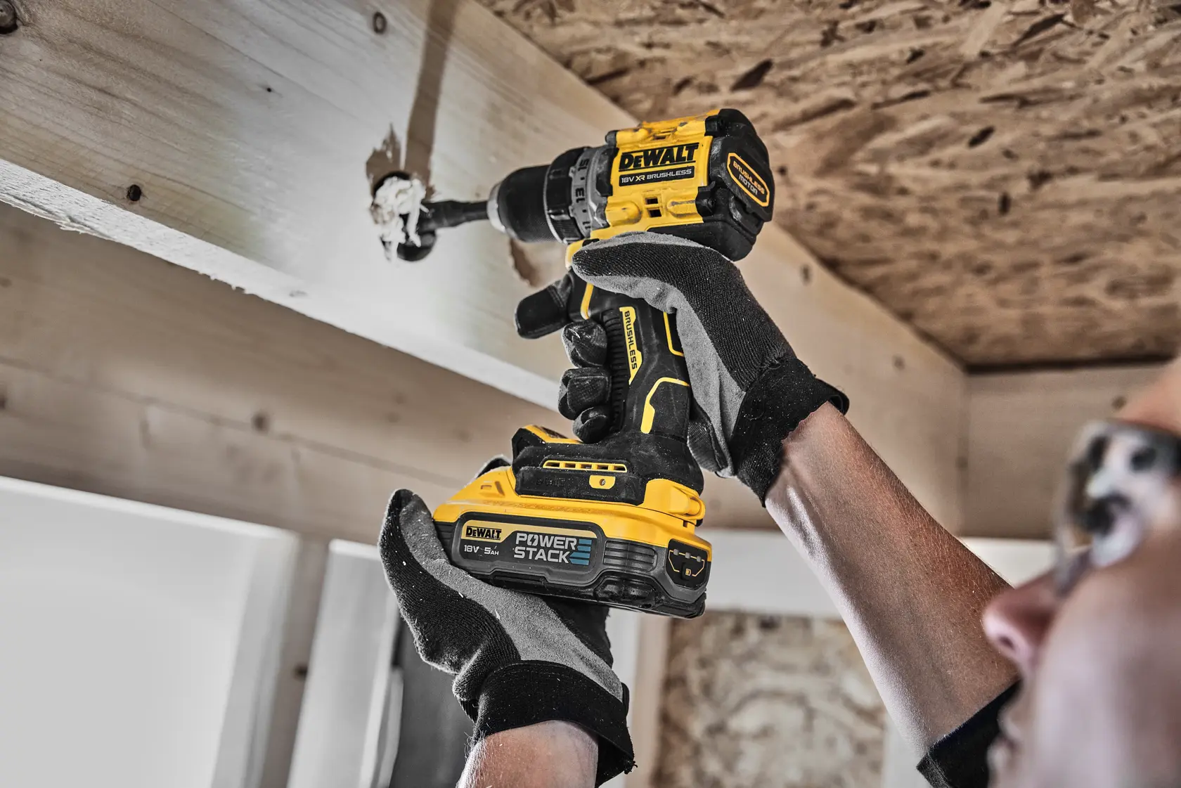 DEWALT cordless drill with battery, yellow and black, shown on a white background.