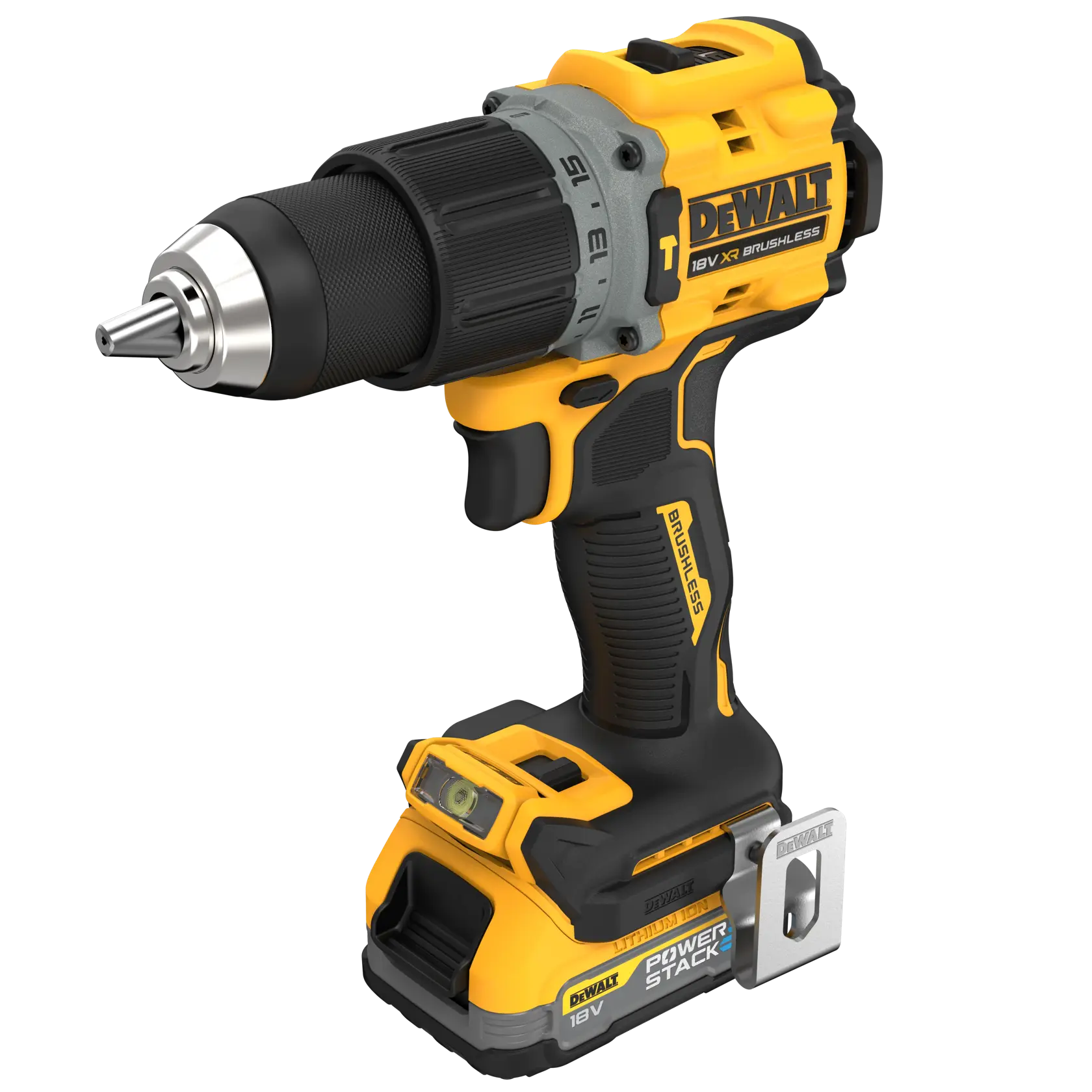 Yellow and black DEWALT cordless drill with POWERSTACK 18V battery, brushless motor. Close-up on white background.