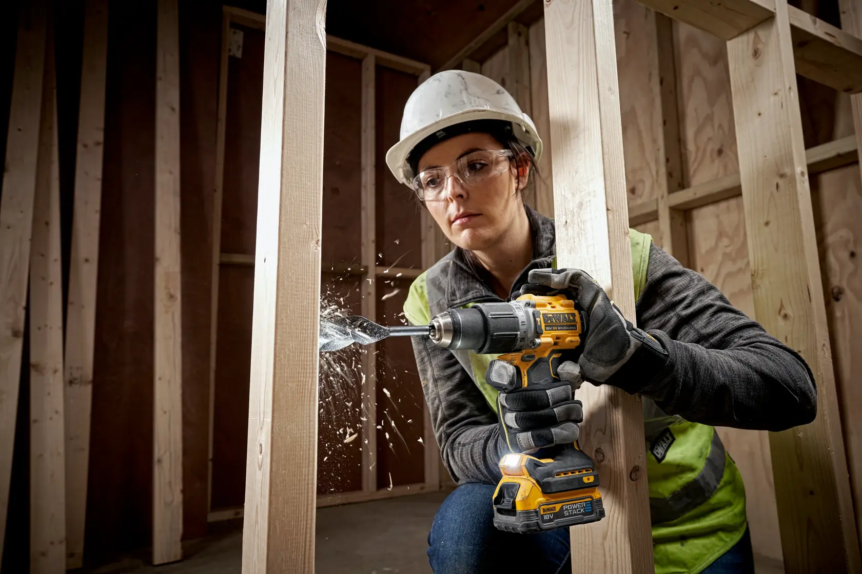 Person using a DEWALT cordless drill to bore into wood at a construction site. Sawdust sprays from the hole.