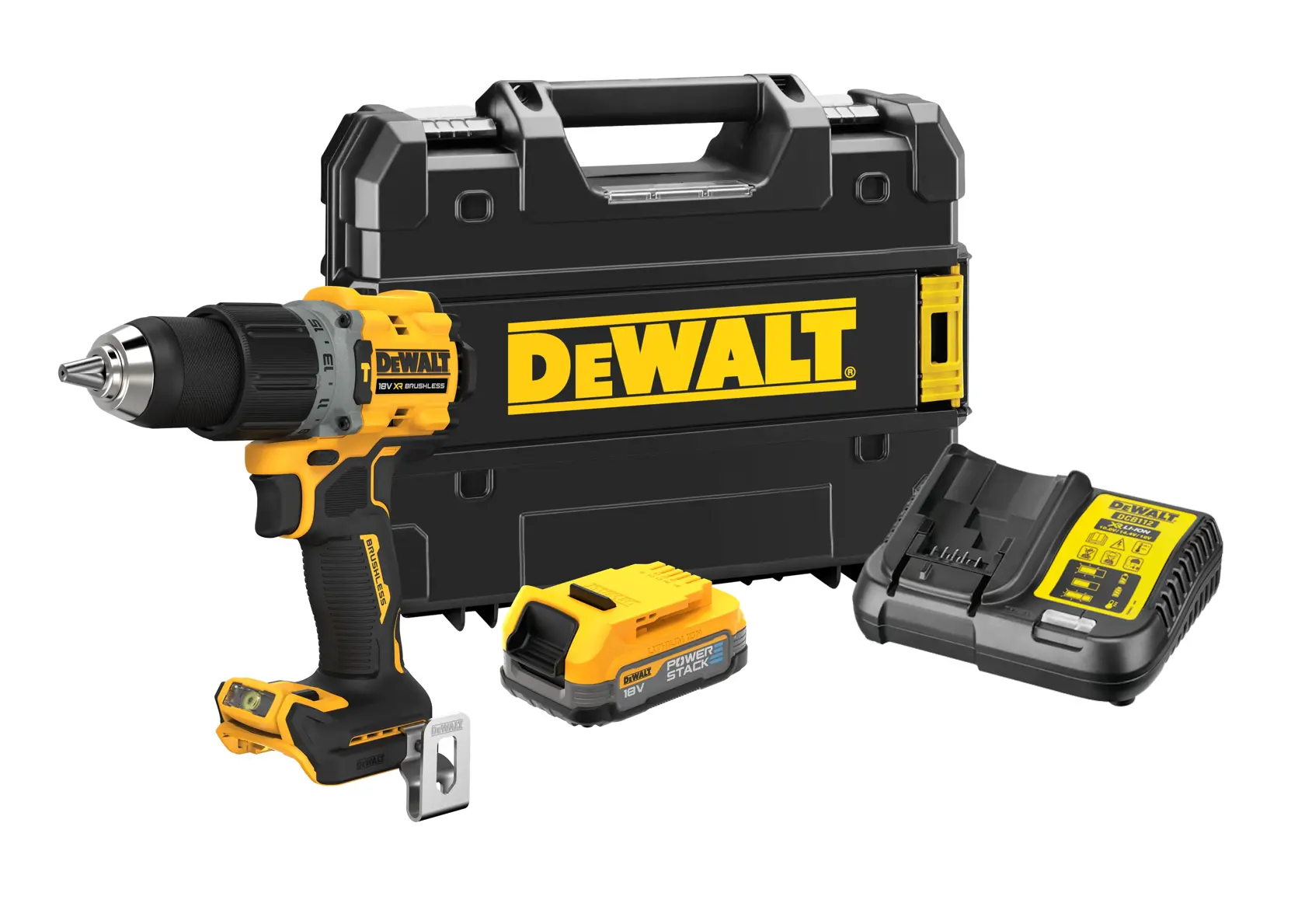 DEWALT cordless drill set with a black and yellow drill, a battery pack, a battery charger, and a black carrying case with the DEWALT logo.