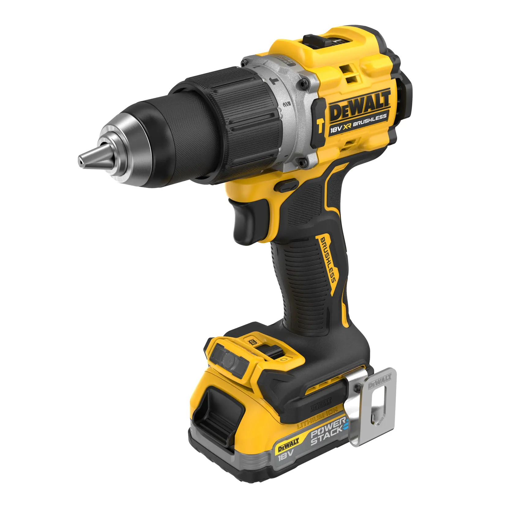 Taladro DEWALT 18V brushless inalámbrico con batería PowerStack, diseño amarillo y negro.