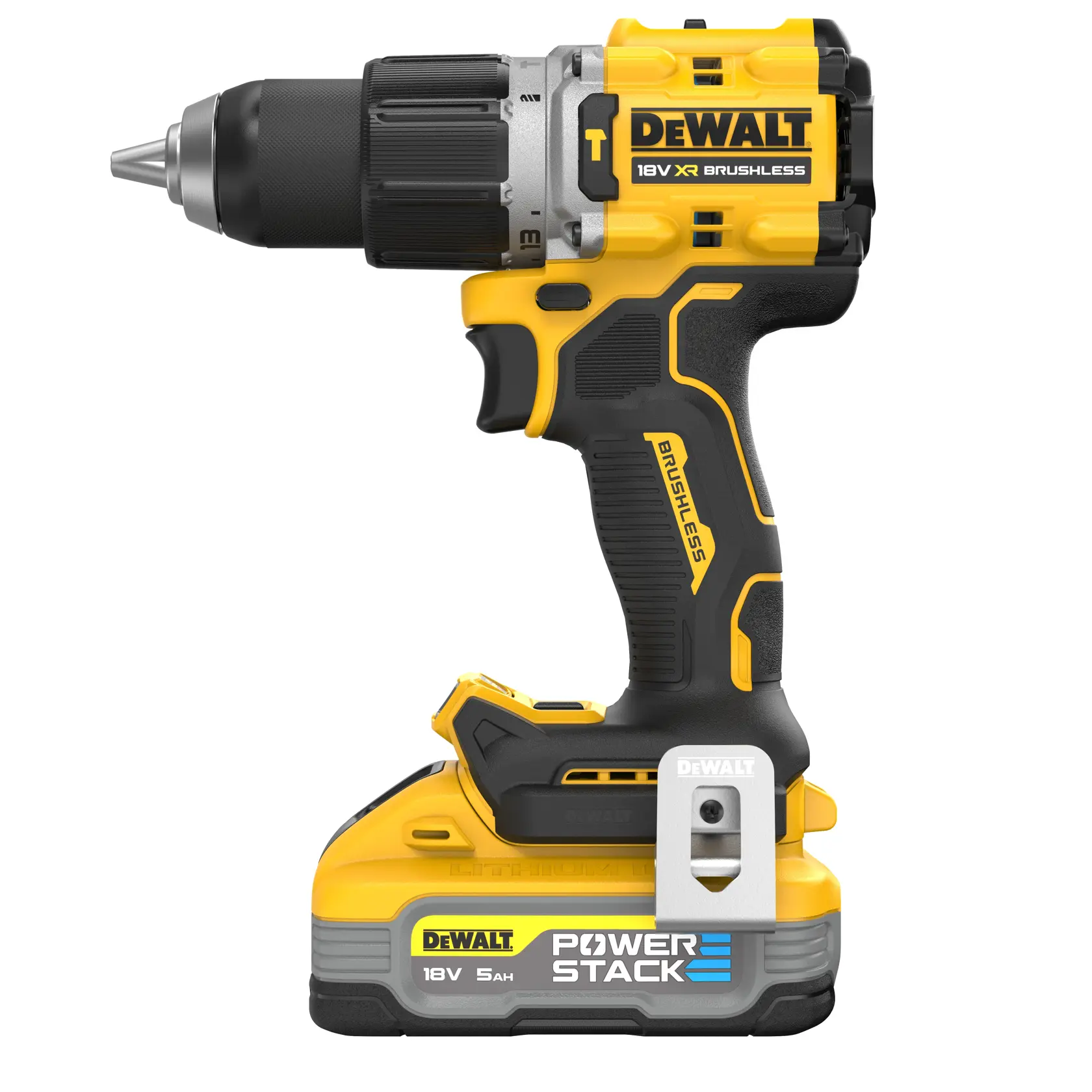 Taladro DEWALT DCD805H2T 18V sin cable brushless, batería POWERSTACK, diseño amarillo y negro.