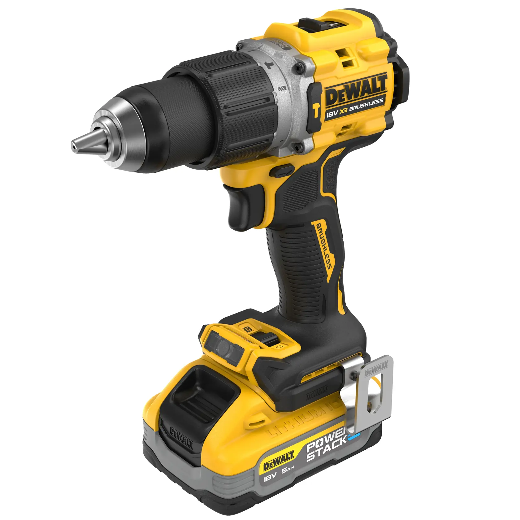Taladro inalámbrico DEWALT 18V brushless con batería PowerStack, mostrado en ángulo sobre fondo blanco.