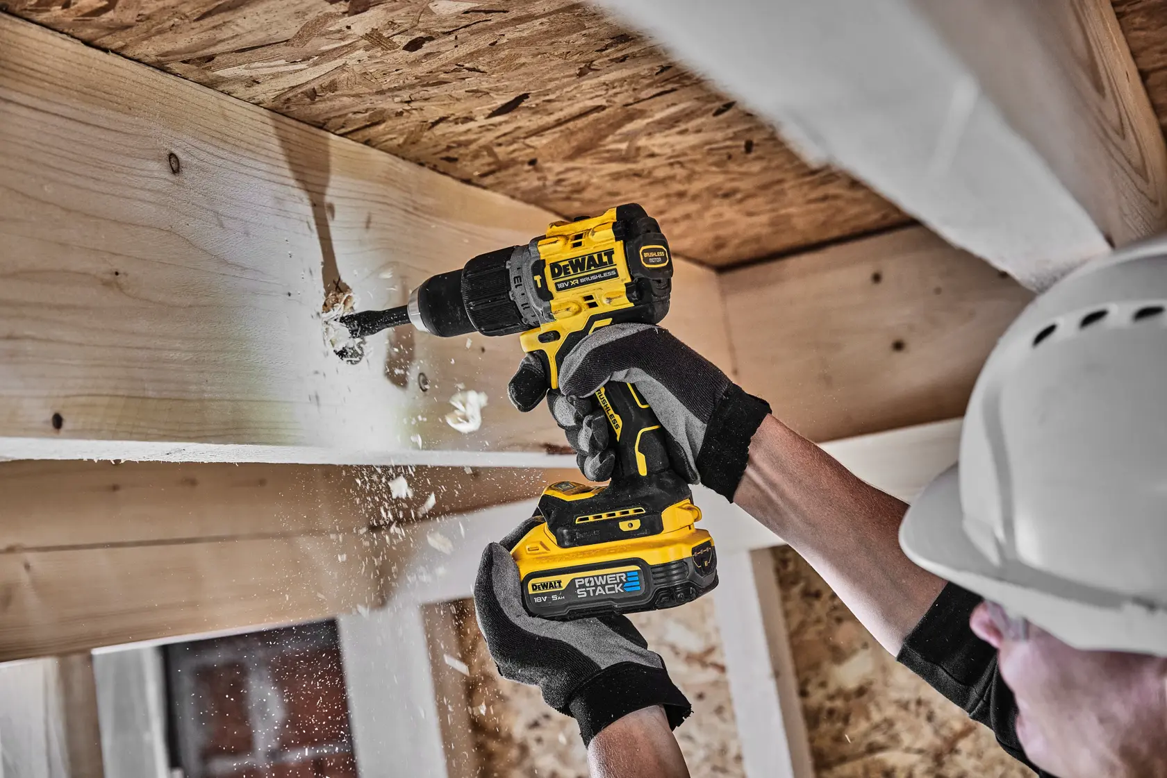 DEWALT DCD805H2T 18V cordless brushless drill with POWERSTACK battery, yellow and black design.