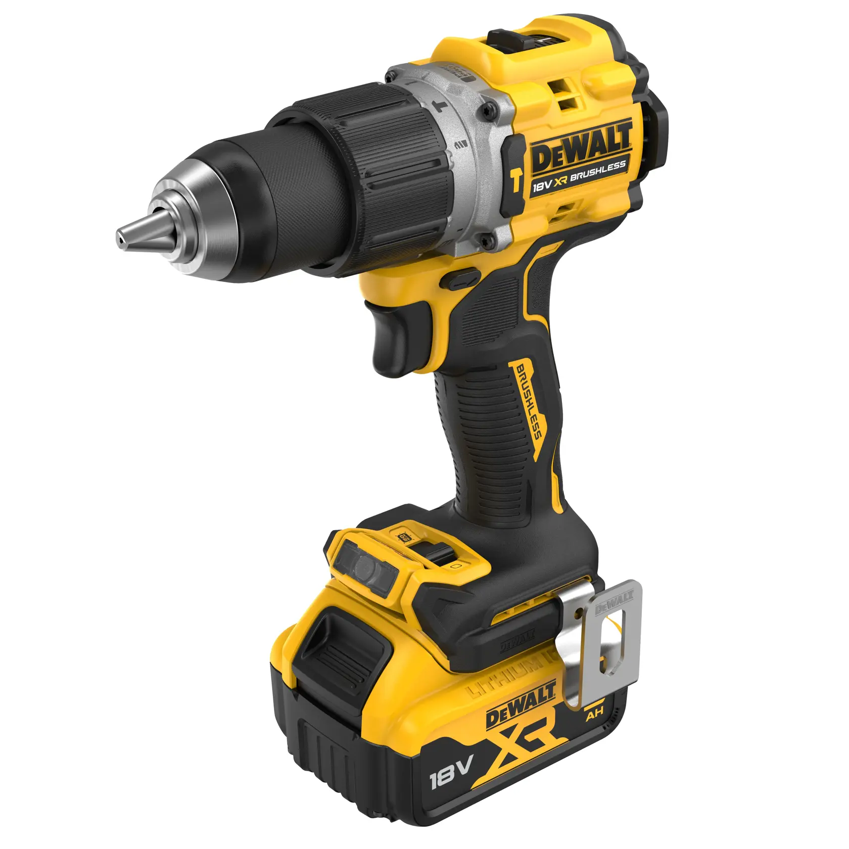 Taladro inalámbrico DEWALT 18V XR brushless negro y amarillo, mostrado sobre fondo blanco.