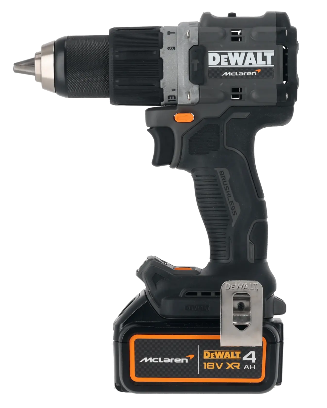DEWALT McLaren 18V cordless drill with 4Ah battery, black and orange design, side view.