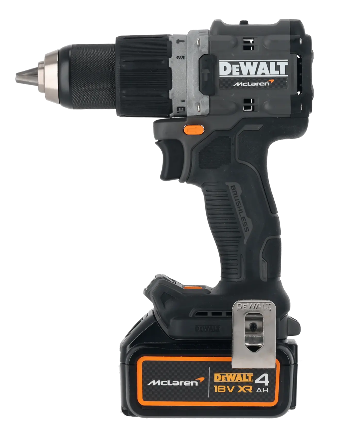 Taladro inalámbrico DEWALT 18V con logo McLaren y batería 4Ah, diseño negro y naranja.
