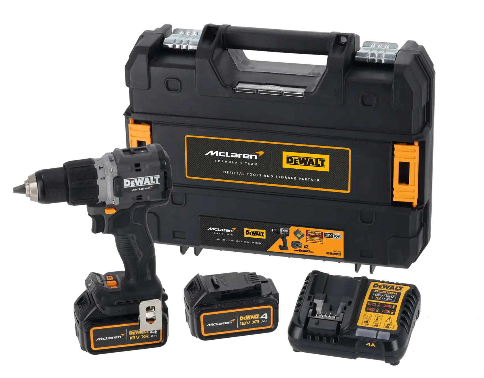 Set DEWALT con taladro McLaren, dos baterías, cargador y caja de almacenamiento.