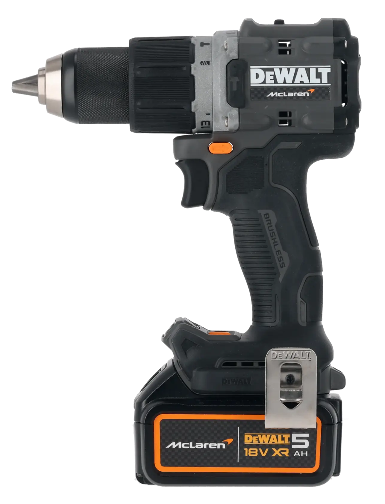 Taladro inalámbrico DEWALT 18V, edición McLaren, negro y naranja, compacto y potente.
