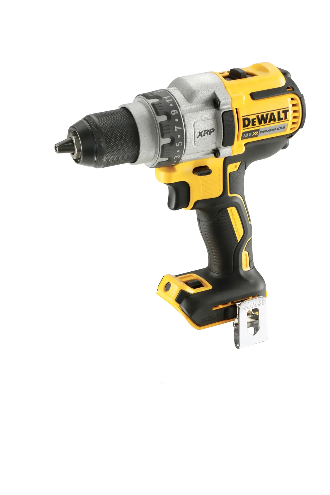 DEWALT Akku-Bohrmaschine, SKUs DCD991NT und DCD991NT-XJ, schwarz/gelbes Werkzeug für Fotografie.