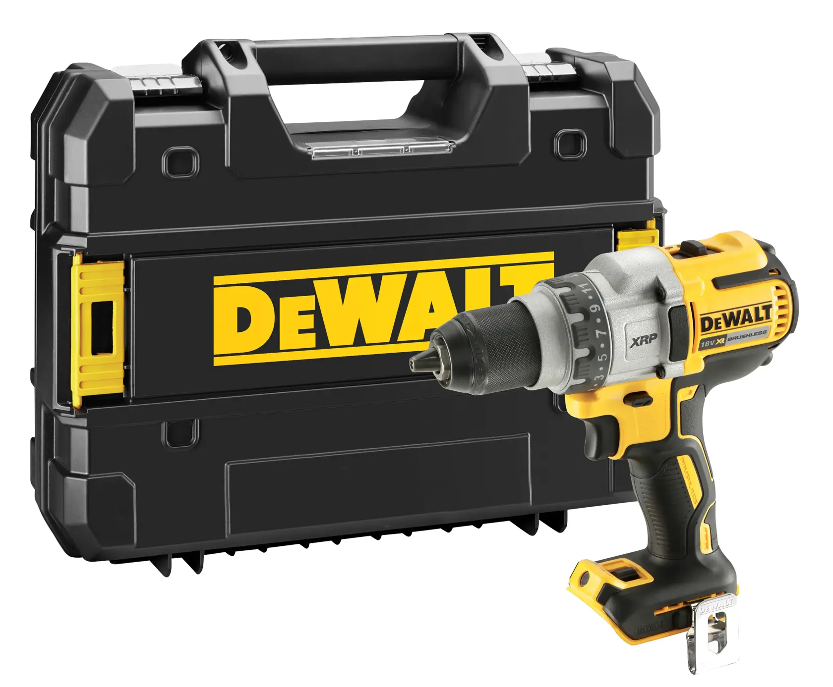 Ein kabelloser DEWALT-Bohrschrauber mit gelb-schwarzem Design, abgebildet neben einem robusten schwarzen Transportkoffer mit DEWALT-Logo.