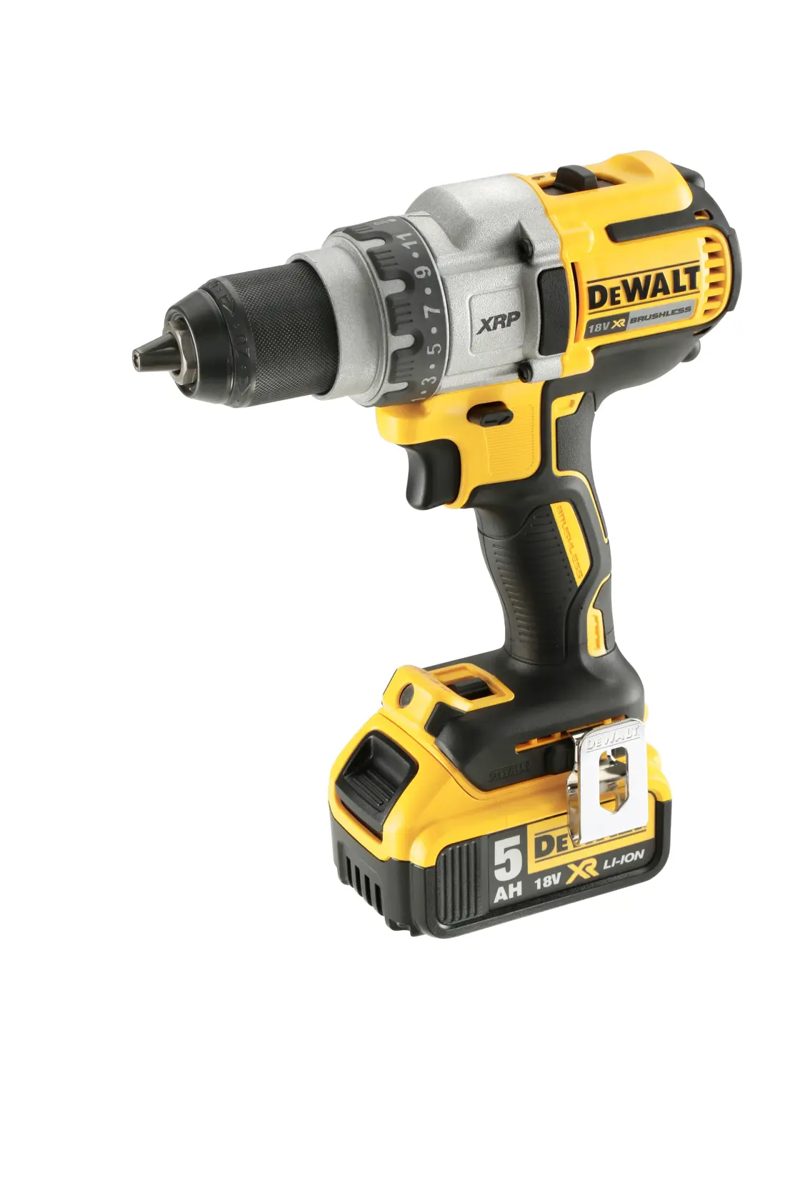 Kabellose Bohrmaschine von DEWALT, Modell DCD991P2, mit gelb-schwarzem Gehäuse und angebrachtem 18V XR Li-Ion 5Ah Akku.