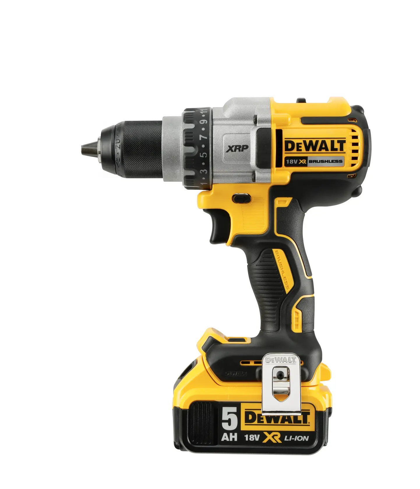 Ein DEWALT DCD991P2 Akku-Bohrmaschine mit gelb-schwarzem Design, ausgestattet mit einem 18V XR Li-Ion Akku und ergonomischem Griff.