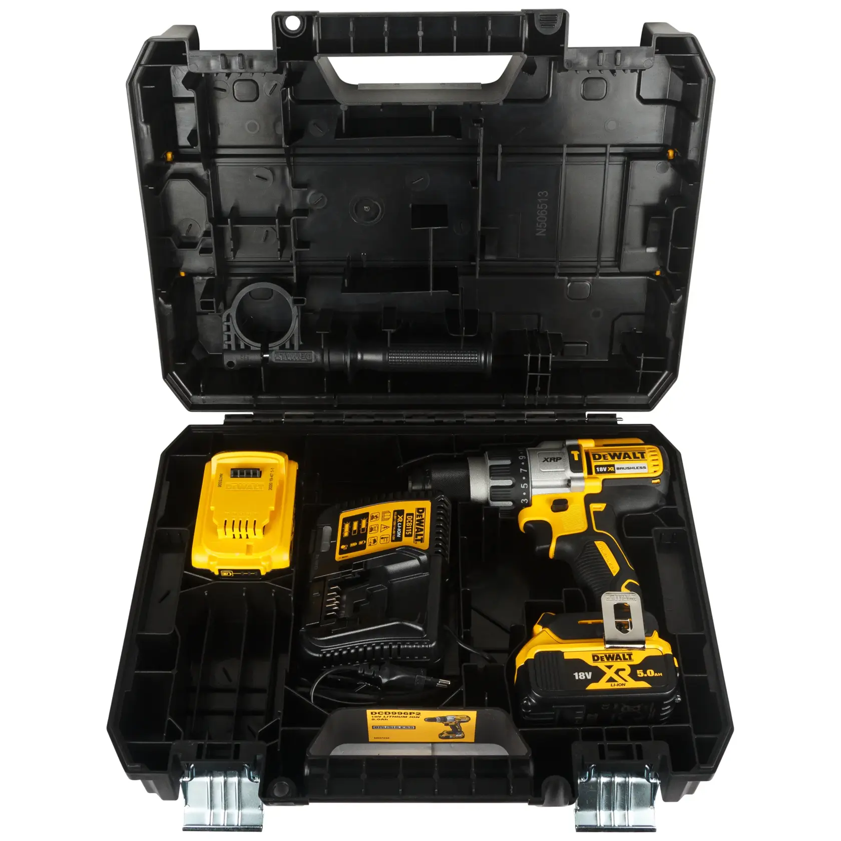 Kit DEWALT con taladro, SKUs DCD996P2 y DCD996P2-QW, cargador y batería. Categoría fotografía.