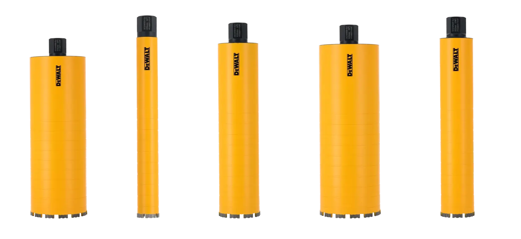 Five yellow DEWALT drill bits with black tops are shown upright, spaced evenly against a white background.