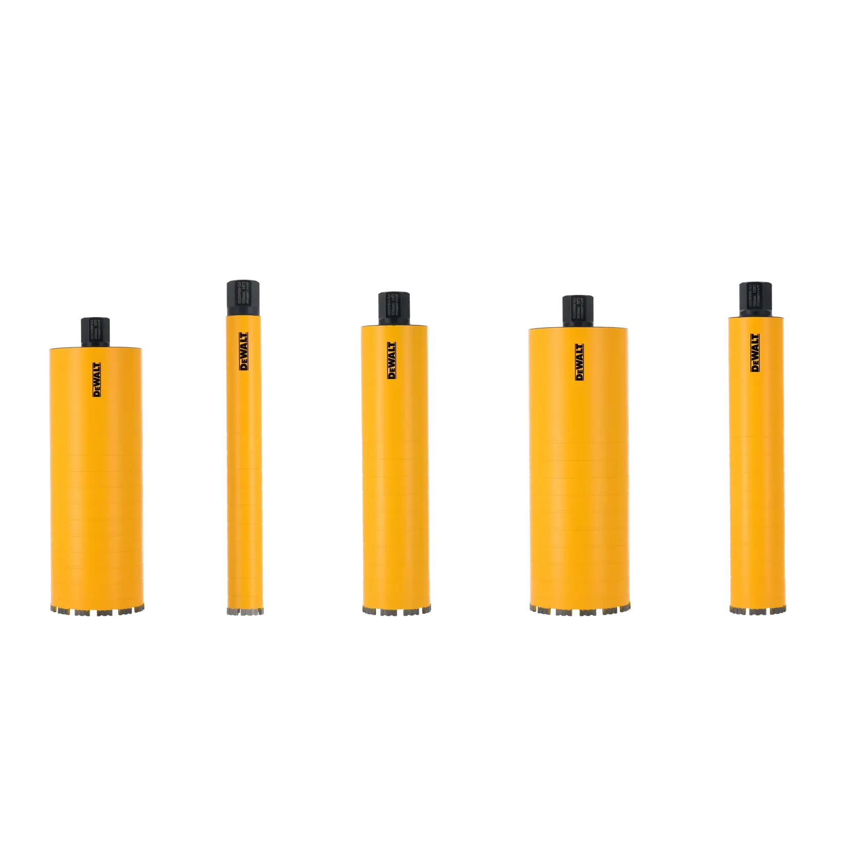 Five DEWALT yellow cylindrical core drill bits of different sizes standing upright against a white background.