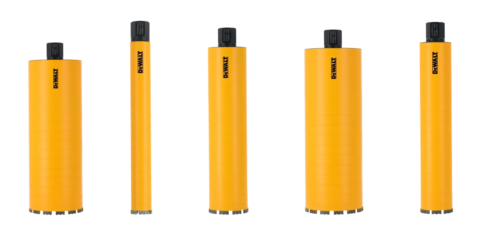 Five yellow DEWALT core drill bits of varying sizes, upright on a white background.